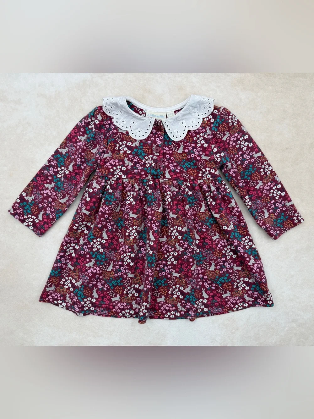 JoJo Maman Bebe Burgundy Floral Bunny Dress with White Eyelet Collar